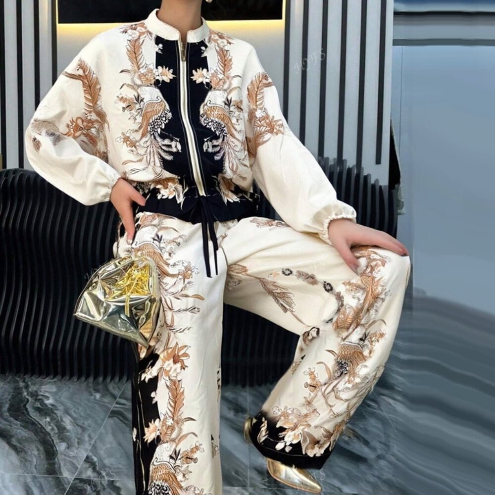 Baroque Lux Style Allover Print Wide Leg Pant and Full Zip Jacket Set